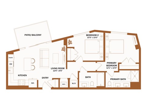 A floor plan of a house with a living room, kitchen, two bedrooms, and a bathroom.